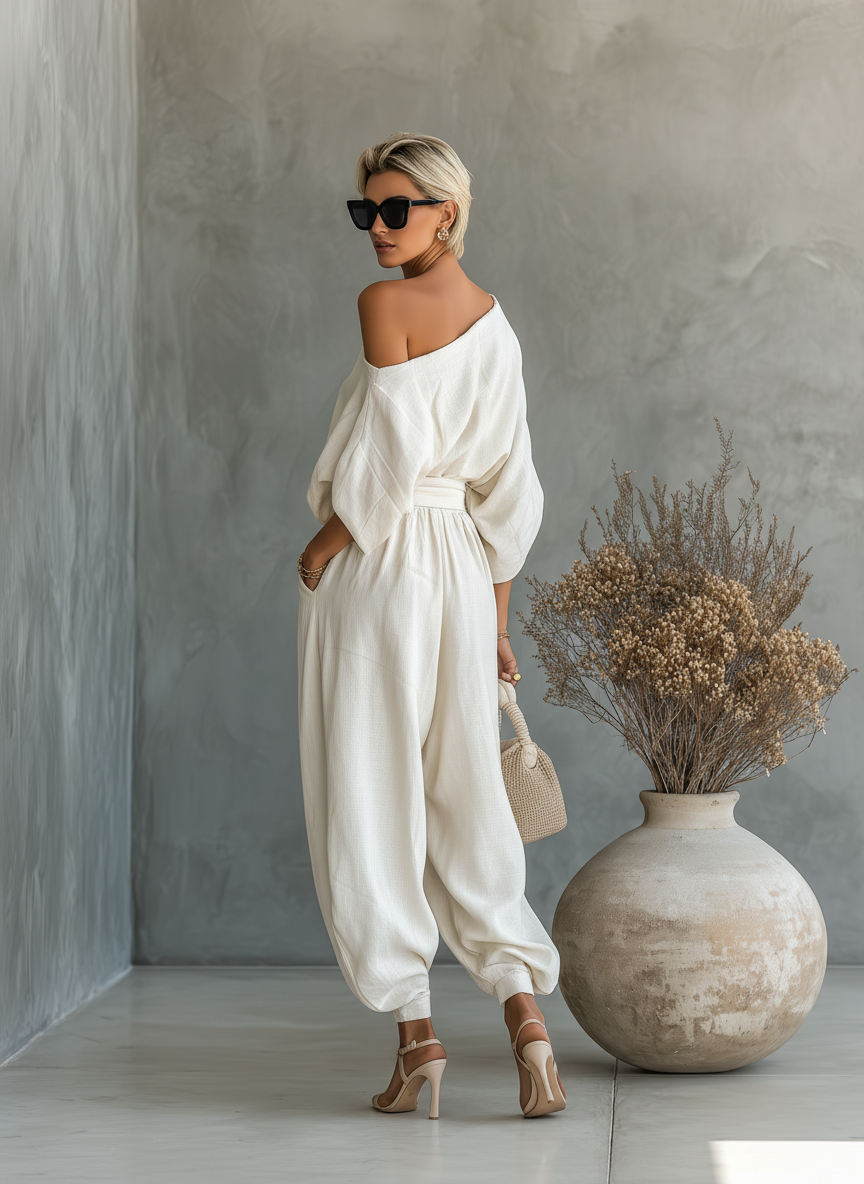 Completo da donna con top drappeggiato monospalla e pantaloni comodi