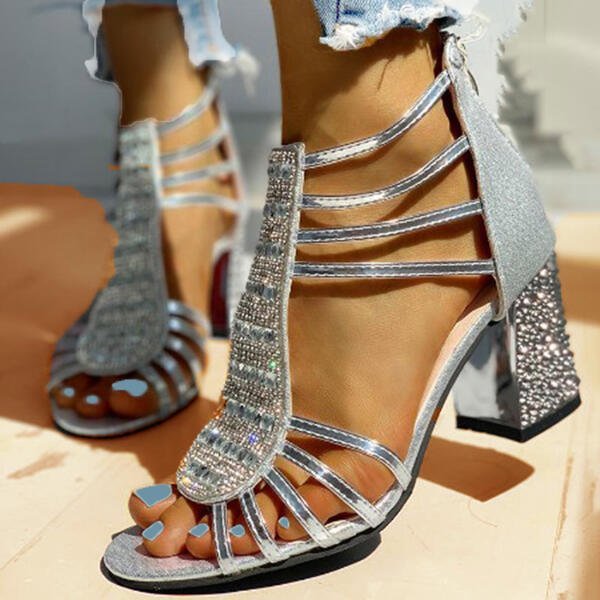 Sandale de damă cu toc gros și strasuri – pantofi cu barete și vârf decupat pentru nunți și evenimente de seară