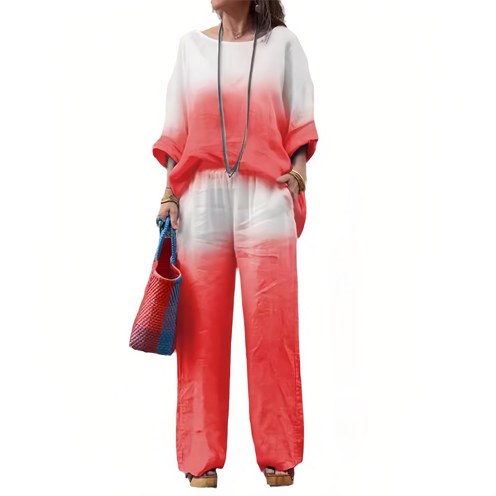 Women’s Cotton & Linen Two-Piece Set – T-Shirt and Pants with Gradient for Summer Comfort
