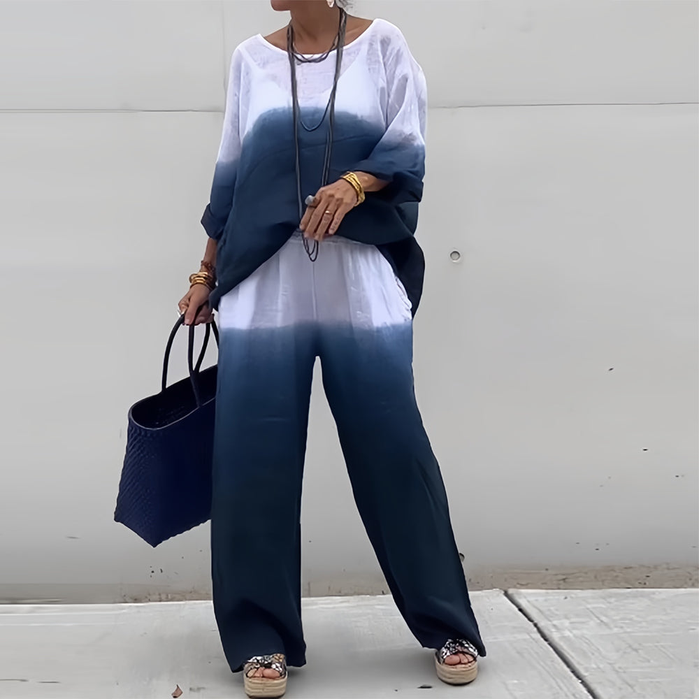 Women’s Cotton & Linen Two-Piece Set – T-Shirt and Pants with Gradient for Summer Comfort