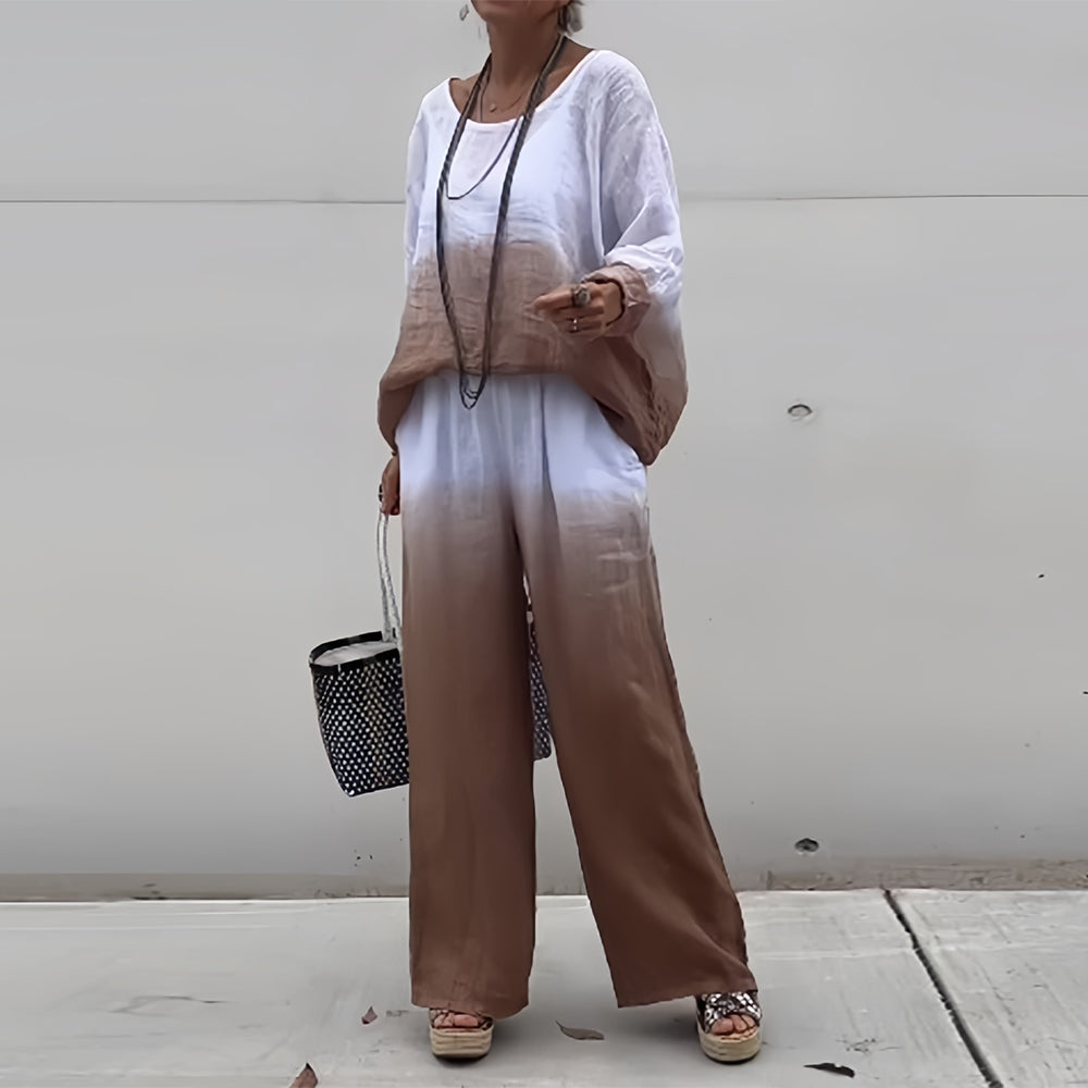 Women’s Cotton & Linen Two-Piece Set – T-Shirt and Pants with Gradient for Summer Comfort