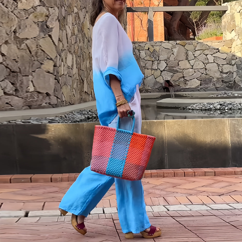 Women’s Cotton & Linen Two-Piece Set – T-Shirt and Pants with Gradient for Summer Comfort