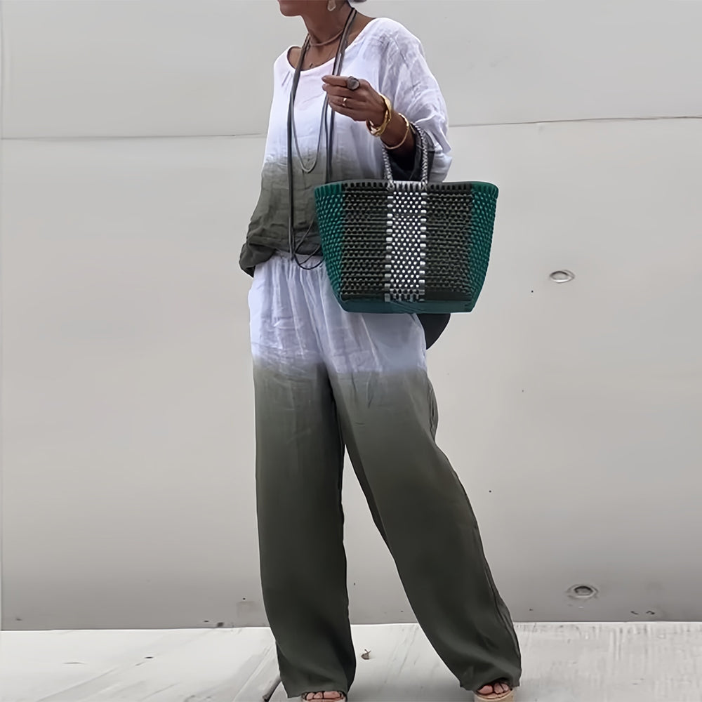 Women’s Cotton & Linen Two-Piece Set – T-Shirt and Pants with Gradient for Summer Comfort