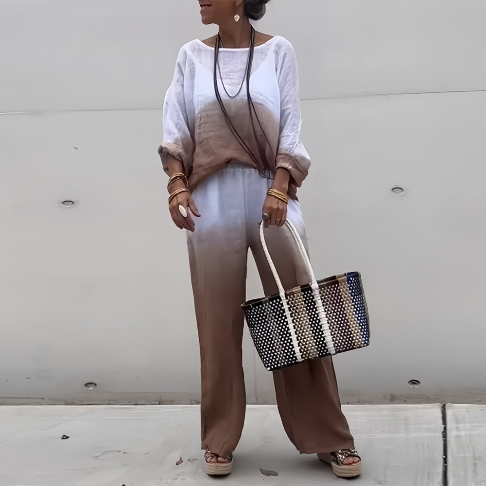 Women’s Cotton & Linen Two-Piece Set – T-Shirt and Pants with Gradient for Summer Comfort