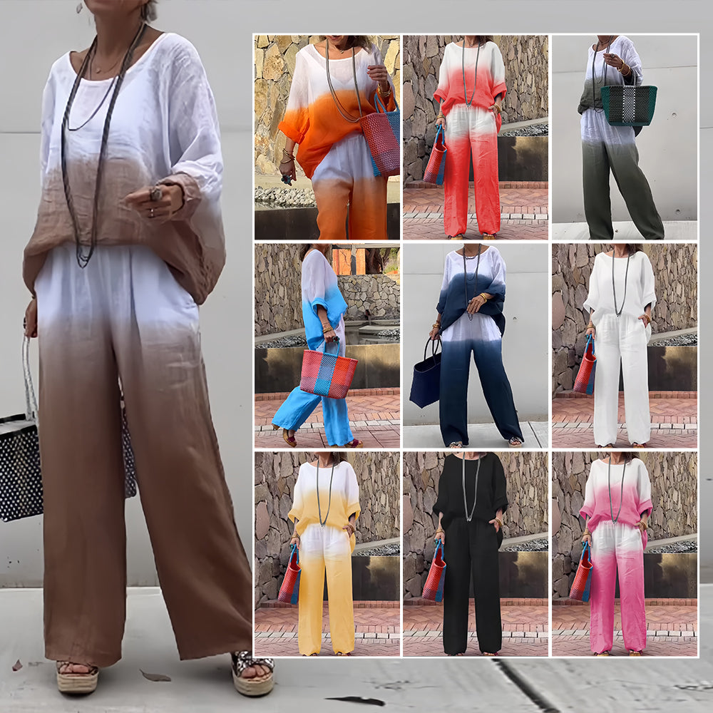 Women’s Cotton & Linen Two-Piece Set – T-Shirt and Pants with Gradient for Summer Comfort
