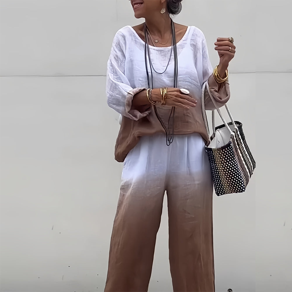 Women’s Cotton & Linen Two-Piece Set – T-Shirt and Pants with Gradient for Summer Comfort