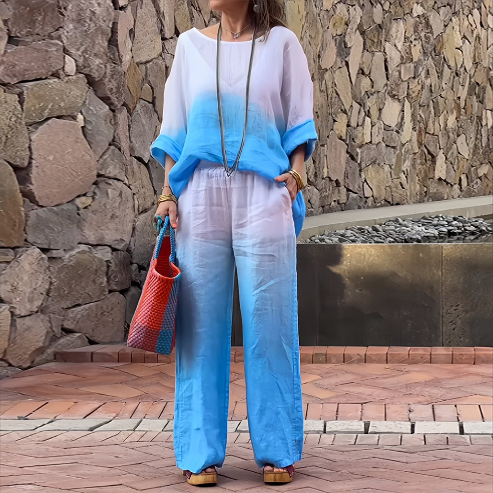 Women’s Cotton & Linen Two-Piece Set – T-Shirt and Pants with Gradient for Summer Comfort
