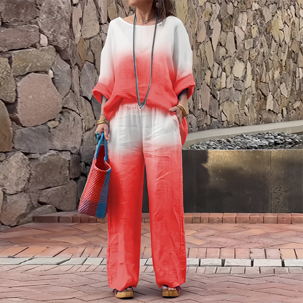 Women’s Cotton & Linen Two-Piece Set – T-Shirt and Pants with Gradient for Summer Comfort