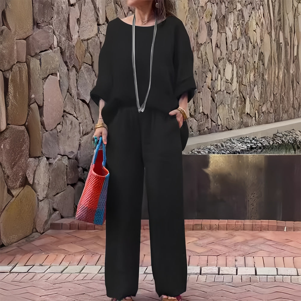 Women’s Cotton & Linen Two-Piece Set – T-Shirt and Pants with Gradient for Summer Comfort