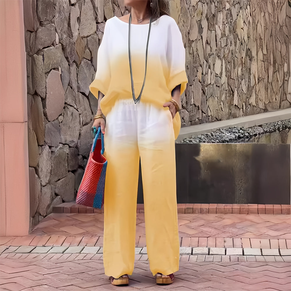 Women’s Cotton & Linen Two-Piece Set – T-Shirt and Pants with Gradient for Summer Comfort