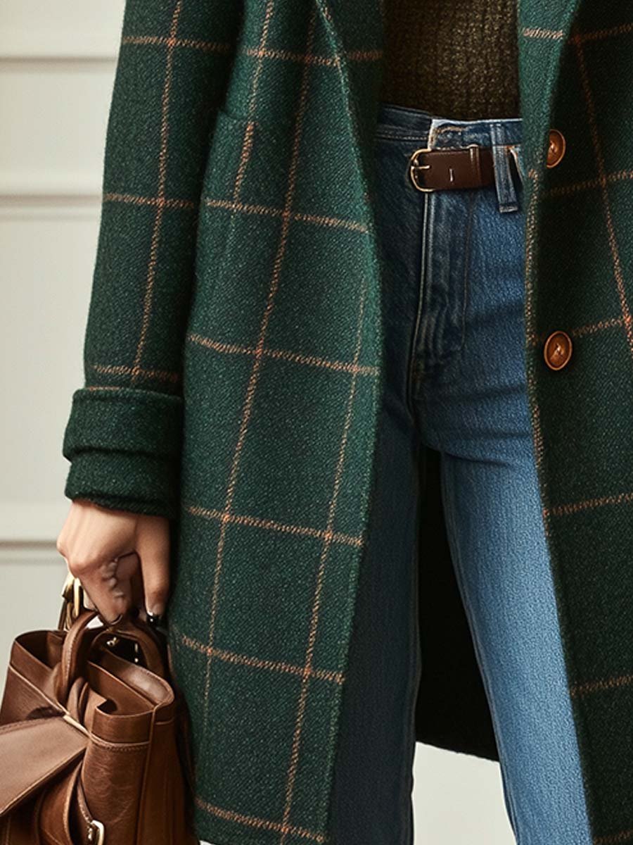 Casaco de tweed de mistura de lã para mulher – agasalho comprido estampado para o outono e o inverno
