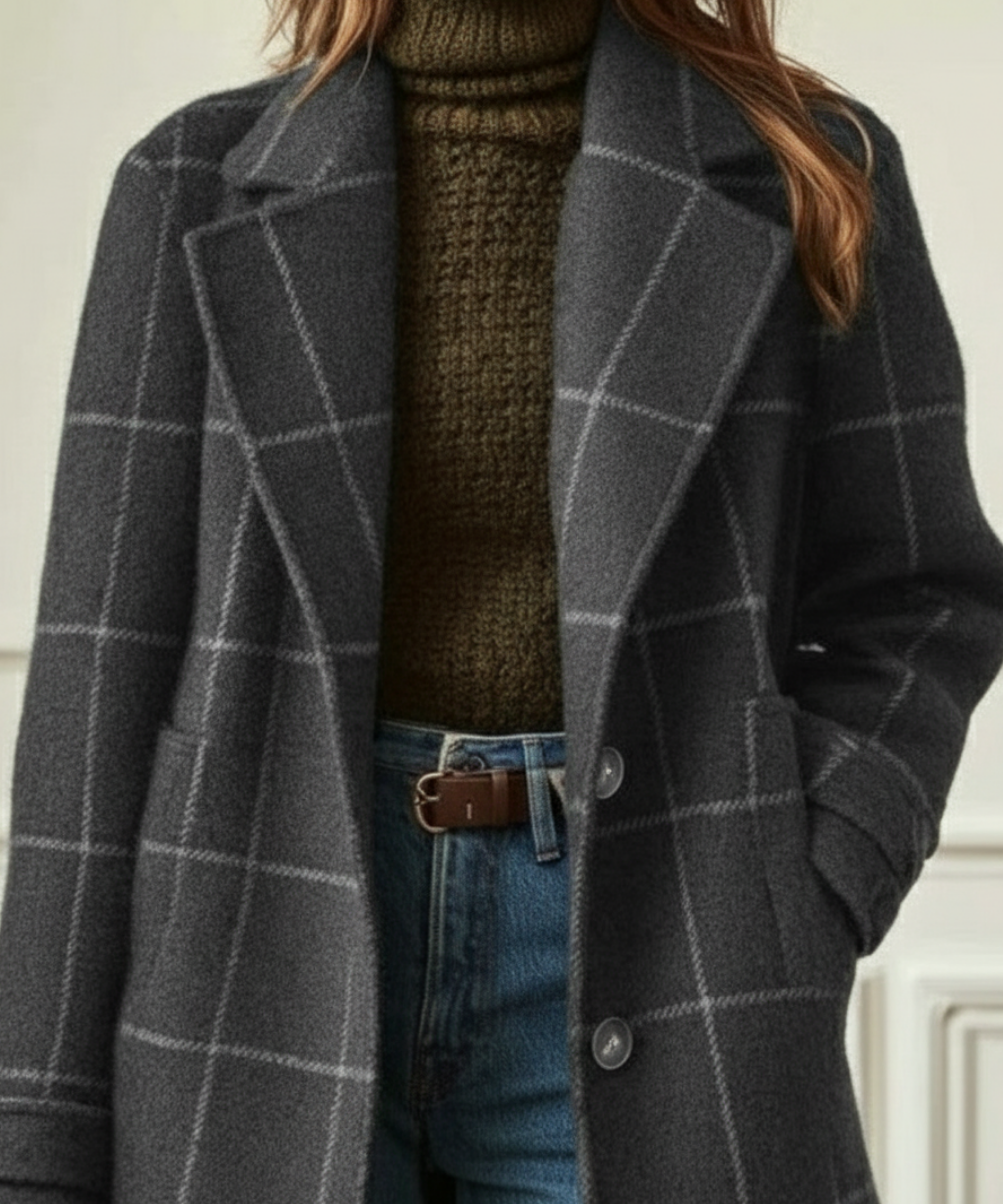 Casaco de tweed de mistura de lã para mulher – agasalho comprido estampado para o outono e o inverno