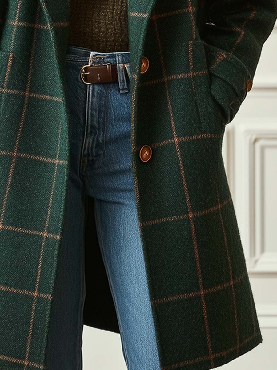 Casaco de tweed de mistura de lã para mulher – agasalho comprido estampado para o outono e o inverno