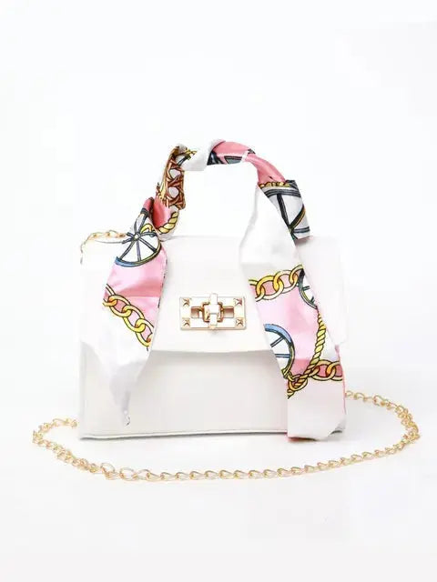 Women’s Structured Chain Handbag Printed Scarf Handle Shoulder Bag