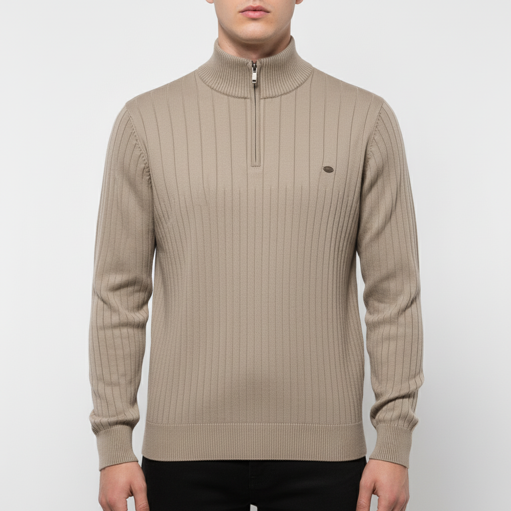 Herrestrikket kvart-zip sweater med hævet krave