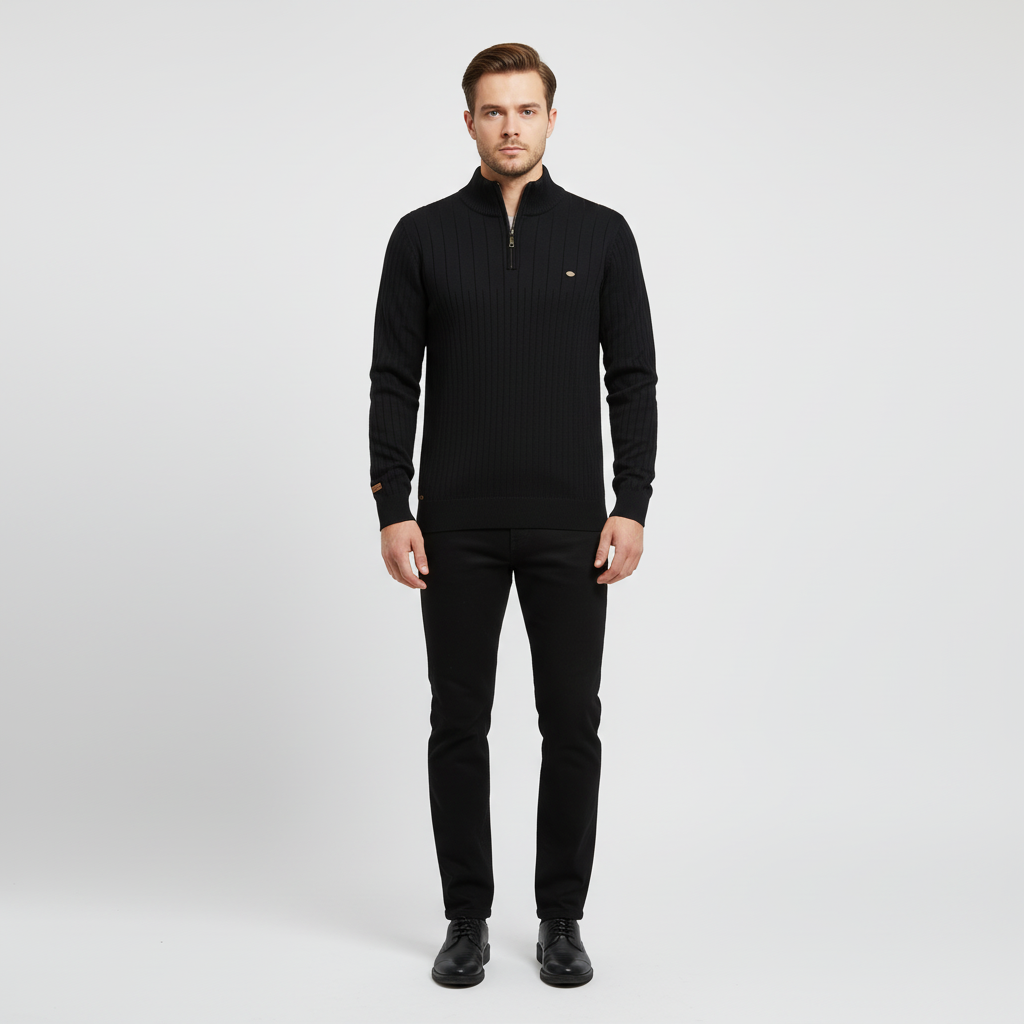 Herrestrikket kvart-zip sweater med hævet krave