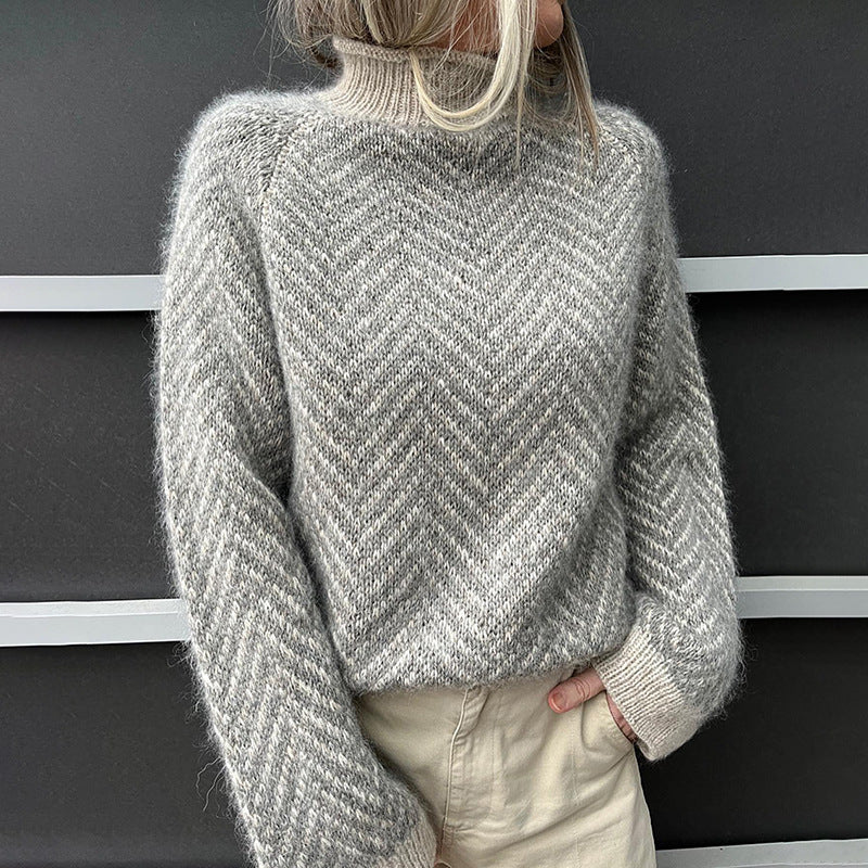 Women’s Textured Herringbone Sweater with Ribbed Mock Neck – Fluffy Relaxed Knit with Full-Length Sleeves for Cosy Seasonal Layering