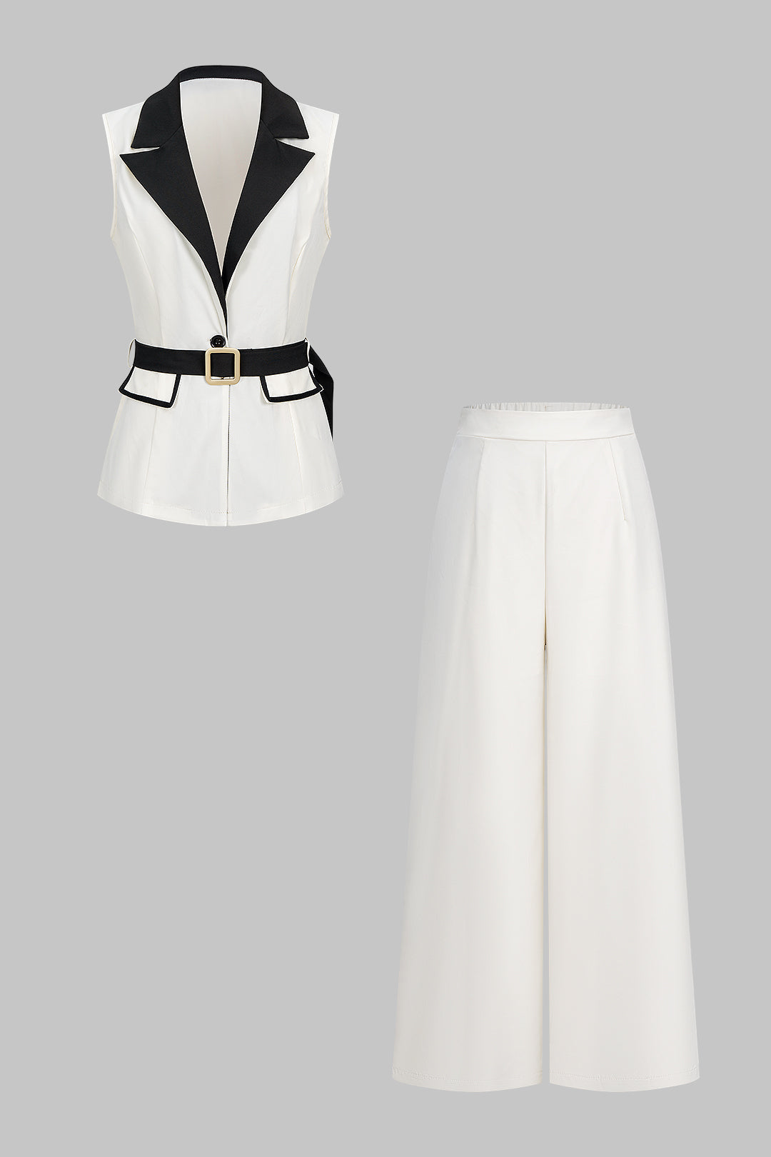 Dámska elegantná vesta bez rukávov s opaskom a nohavice Palazzo so širokými nohavicami – priliehavý dvojdielny outfit do kancelárie a na elegantné voľnočasové príležitosti