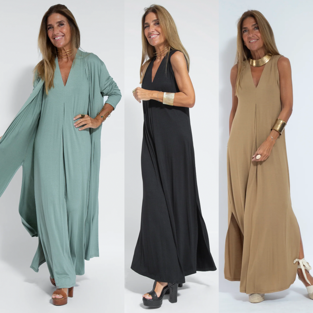 Dámský elastický maxi šaty a kardigan set – elegantní dvoudílný outfit do práce i na chytré neformální nošení