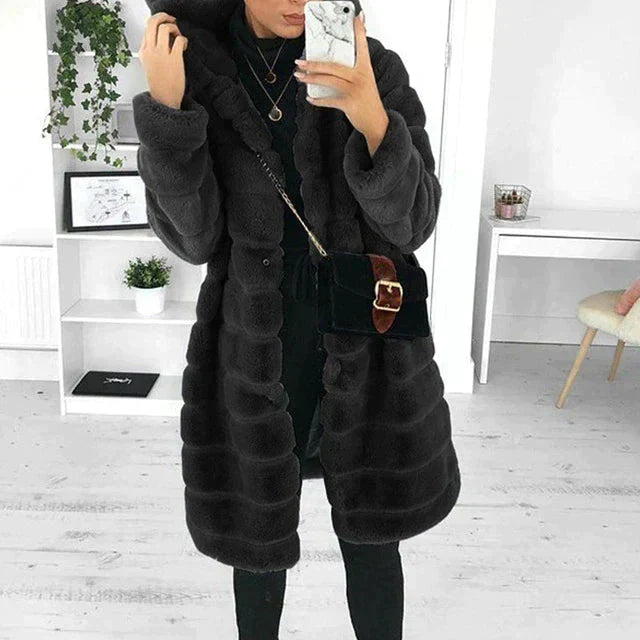 Women’s Hooded Faux Fur Coat – Plush Longline Layer for Statement Winter Styling
