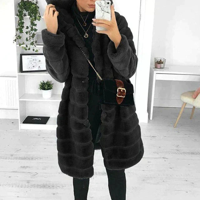 Women’s Hooded Faux Fur Coat – Plush Longline Layer for Statement Winter Styling