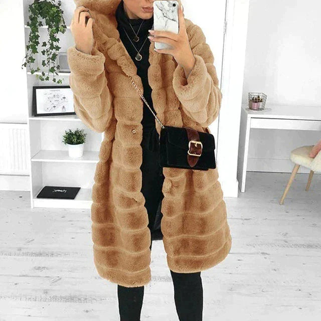 Women’s Hooded Faux Fur Coat – Plush Longline Layer for Statement Winter Styling