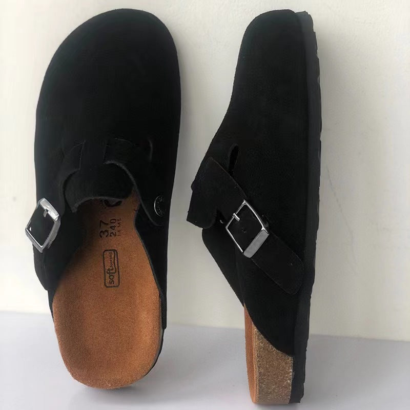 Women’s Leather Buckle Clog Sandals – Closed-Toe Slip-On Footbed Shoes for Travel Weekend Outings Casual City Wear and Relaxed Everyday Styling