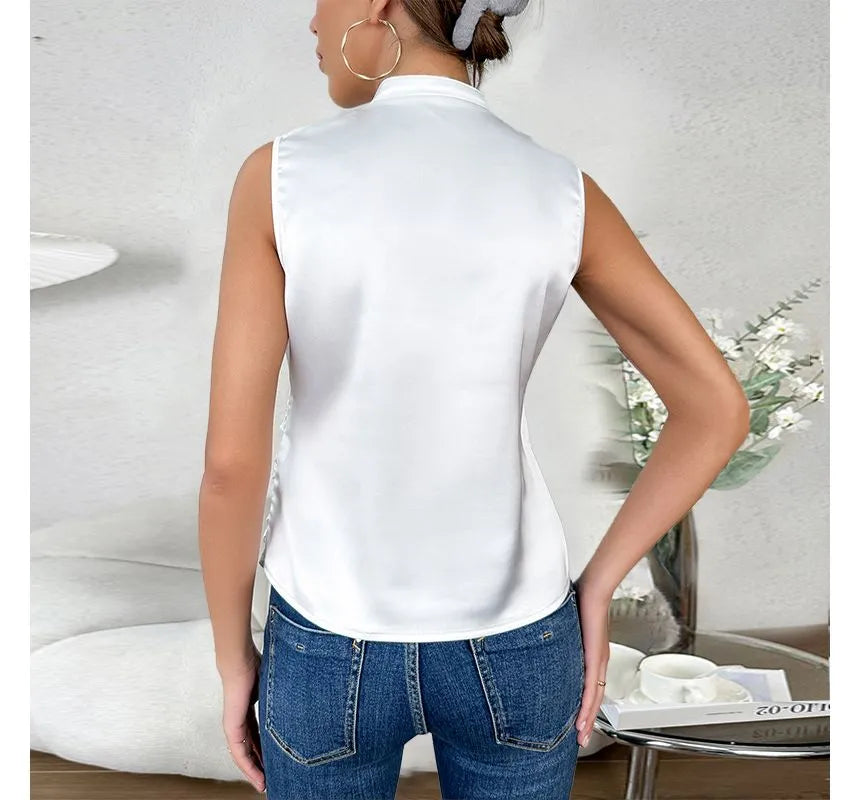 Blouse sans manches pour femme à effet cache-cœur avec col montant - Haut à col V pour le bureau et les soirées