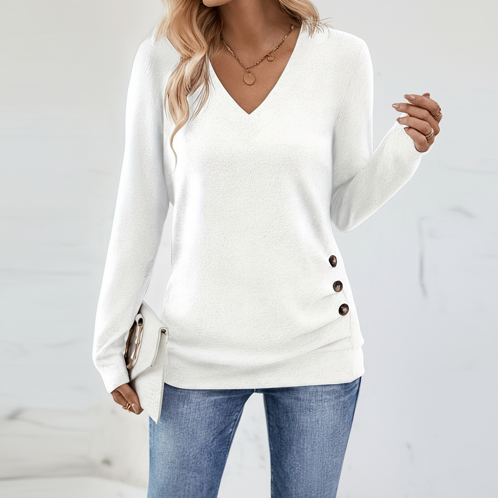 Women’s V Neck Sweater with Side Button Detail