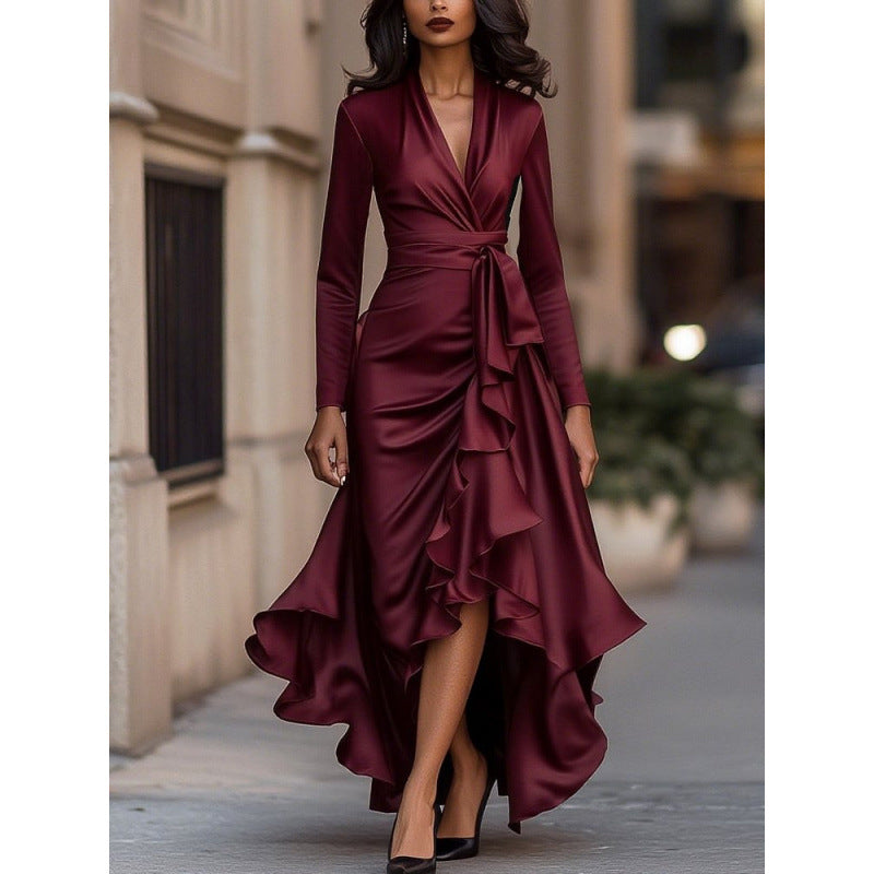 Women’s Plunge Wrap Maxi Dress With Asymmetric Ruffle Hem