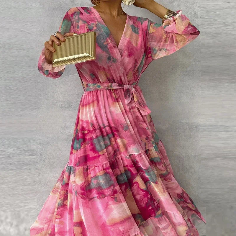 Women’s Dress Printed Wrap Tiered Maxi with Tie Belt