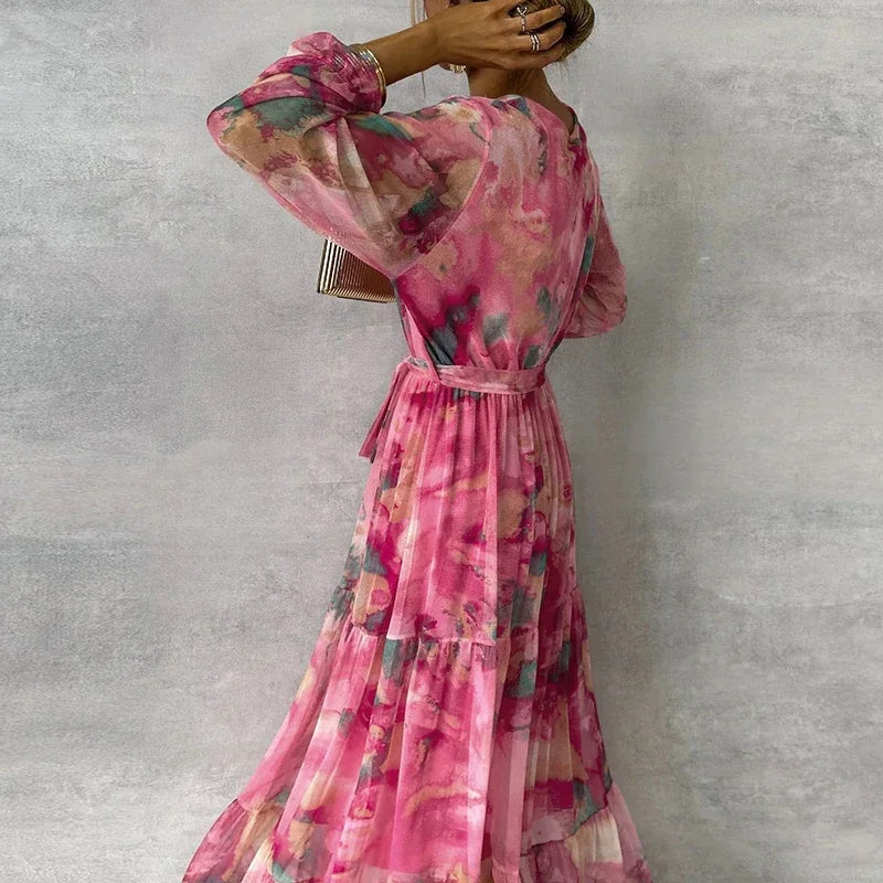 Women’s Dress Printed Wrap Tiered Maxi with Tie Belt
