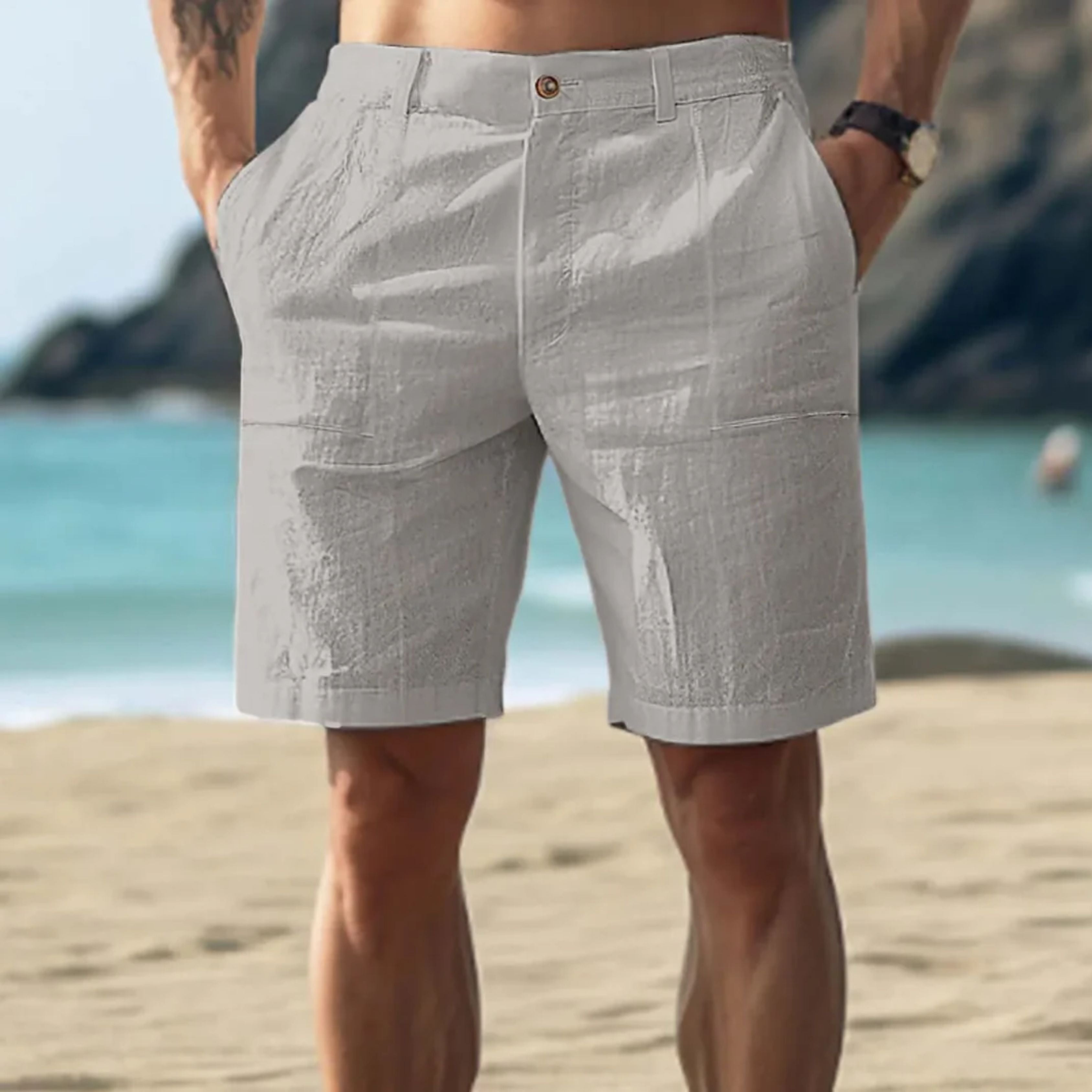 Pantalones cortos de verano para hombre con cintura abotonada y pierna recta texturizada