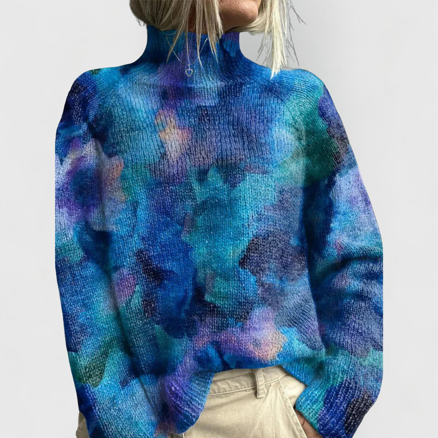 Camisola de malha estampada de gola alta para mulher – Camada de inverno descontraída para o dia a dia