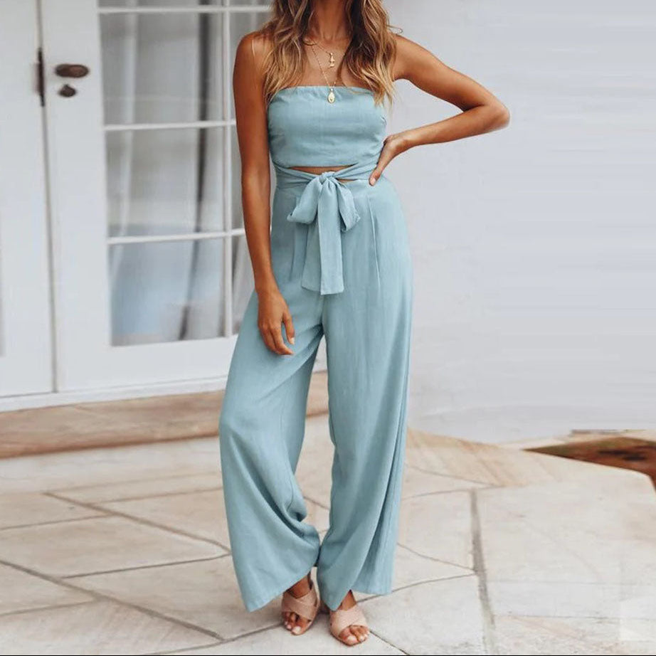 Strapless jumpsuit voor dames met wijde pijpen en strikceintuur - outfit met uitsparingen voor zomeravonden