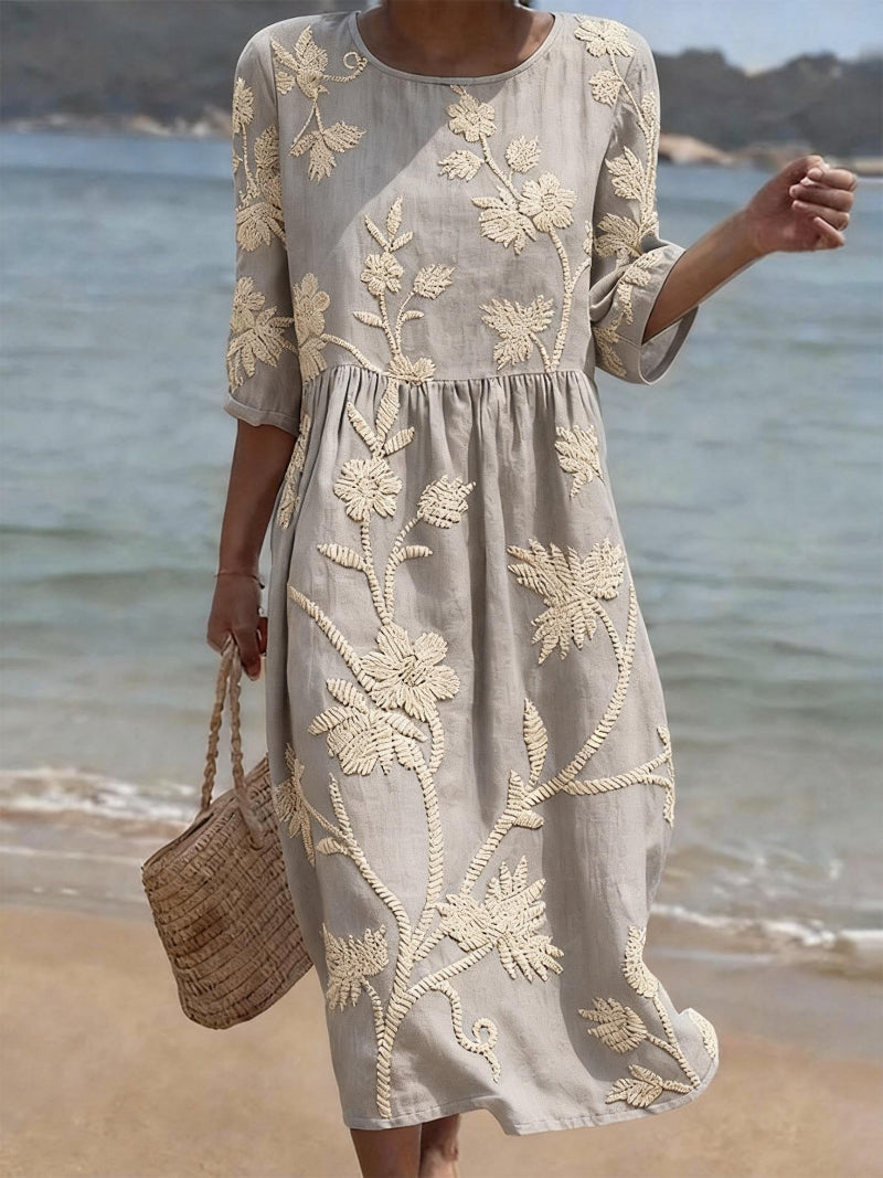 Women’s Embroidered Midi Dress Relaxed Elegant Occasion Style