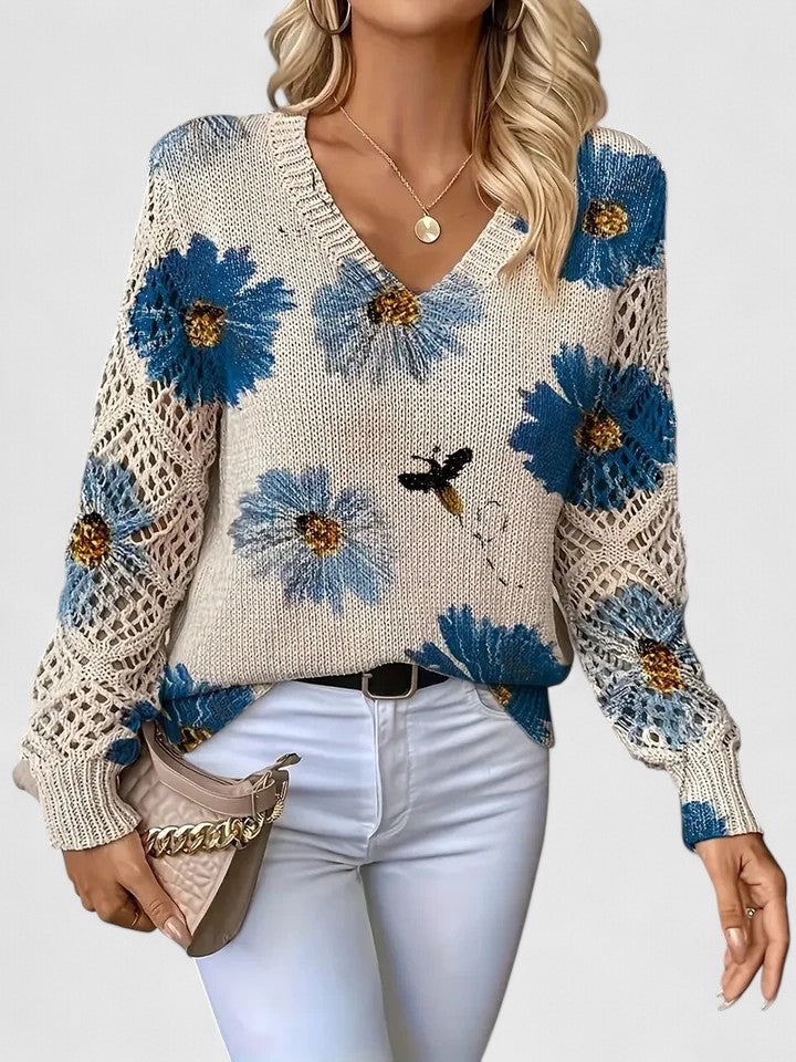 Pull en maille imprimé à col en V pour femme – Haut ajouré respirant pour les événements printaniers et les week-ends