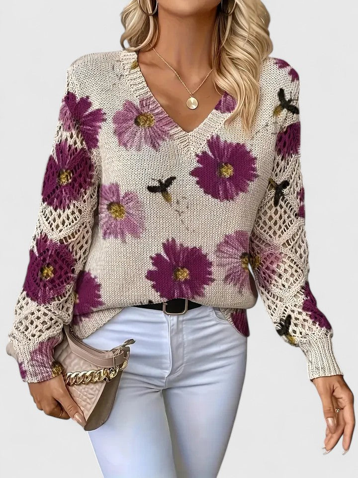 Pull en maille imprimé à col en V pour femme – Haut ajouré respirant pour les événements printaniers et les week-ends