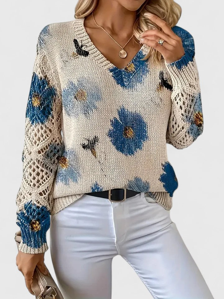 Pull en maille imprimé à col en V pour femme – Haut ajouré respirant pour les événements printaniers et les week-ends