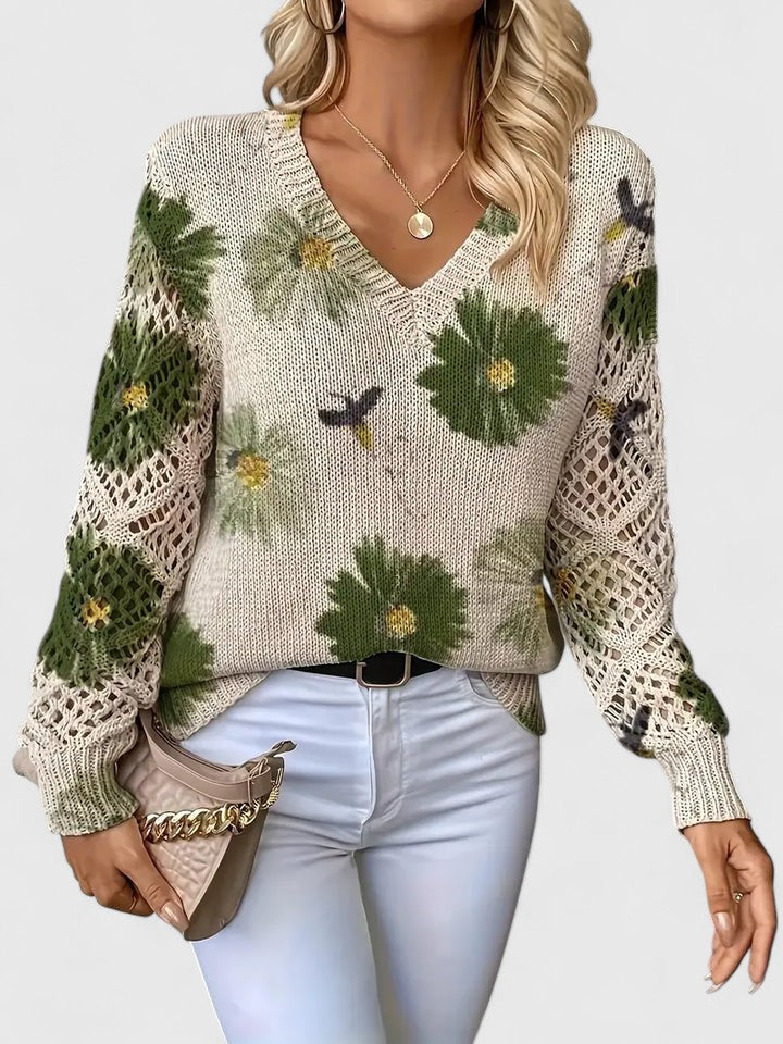 Pull en maille imprimé à col en V pour femme – Haut ajouré respirant pour les événements printaniers et les week-ends