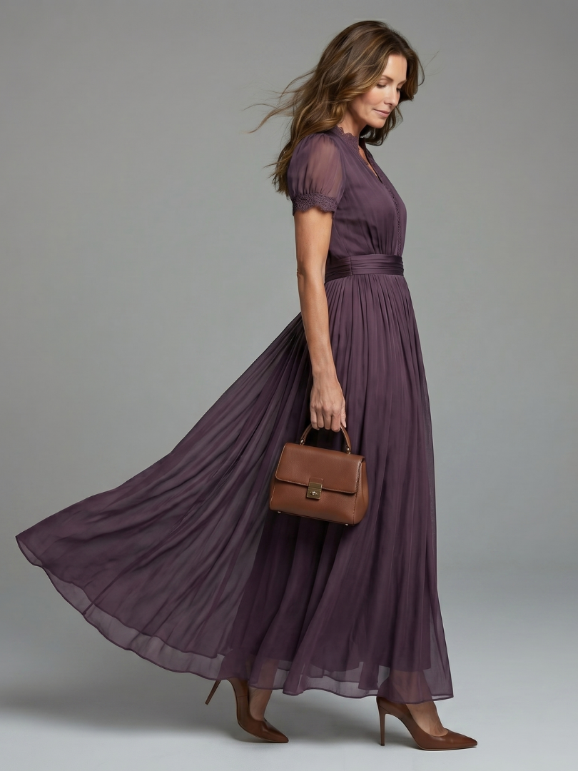 Women’s Pleated Waist Maxi Dress with Sheer Sleeves