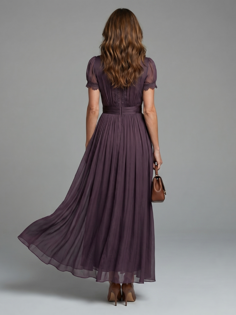 Women’s Pleated Waist Maxi Dress with Sheer Sleeves