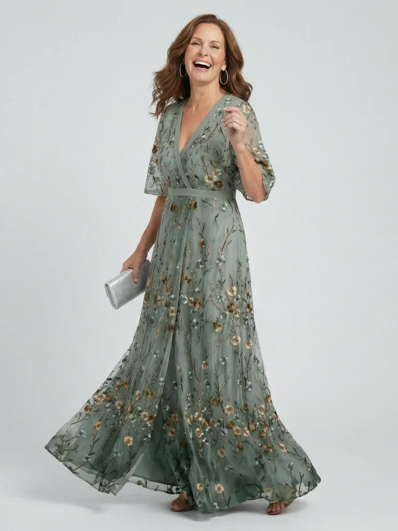 Women’s Wrap Maxi Dress with Sheer Flutter Sleeves