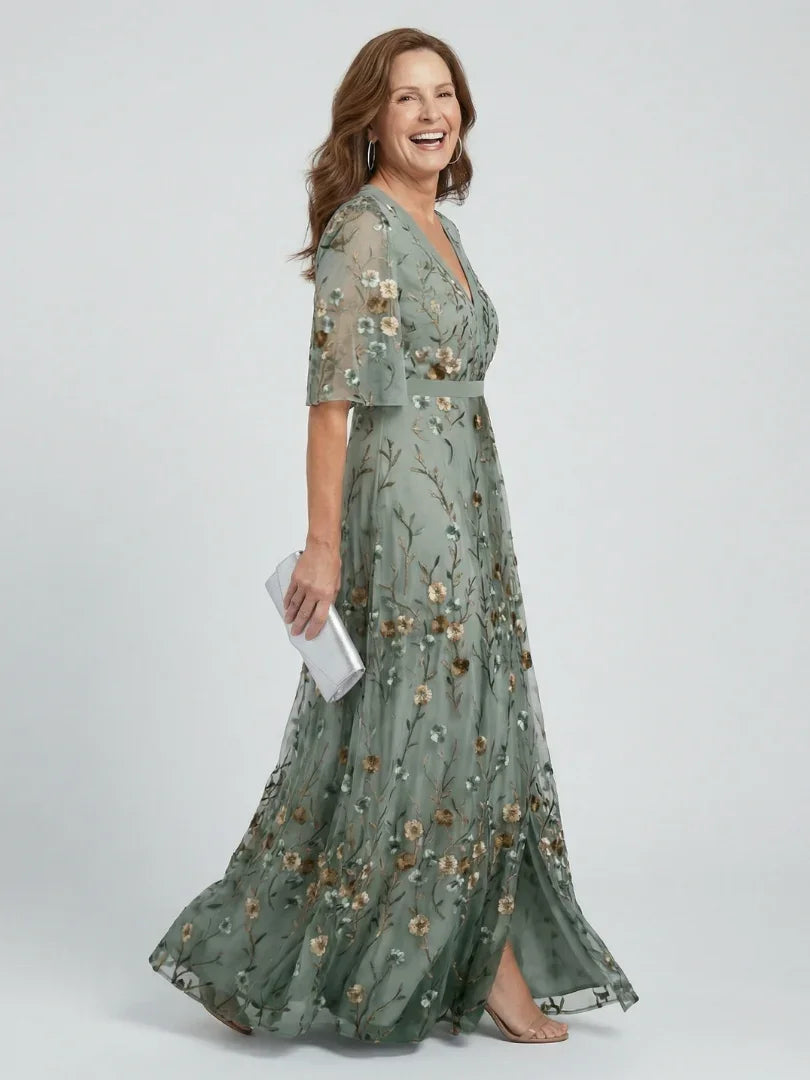Women’s Wrap Maxi Dress with Sheer Flutter Sleeves