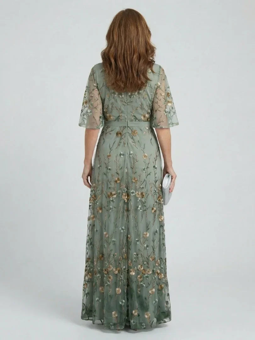 Women’s Wrap Maxi Dress with Sheer Flutter Sleeves