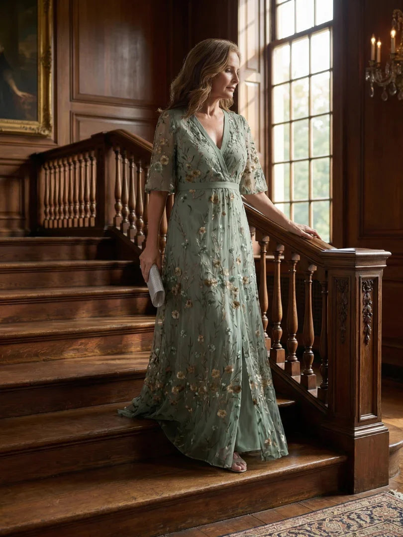 Women’s Wrap Maxi Dress with Sheer Flutter Sleeves