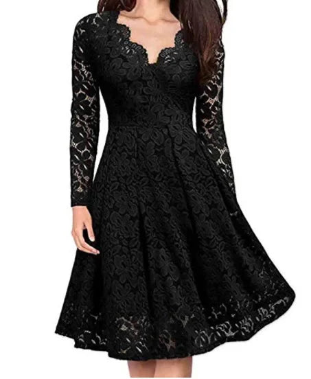 Robe pour femme avec superposition en dentelle, col en V festonné, longueur midi