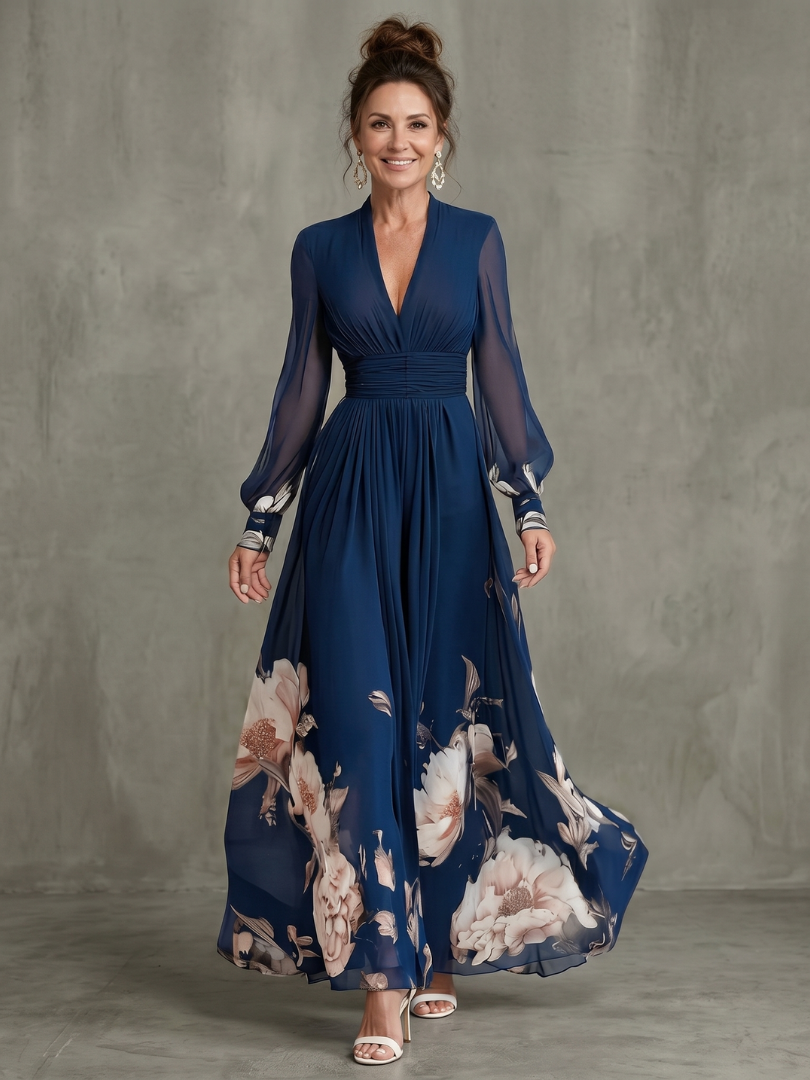 lotte floral maxi dress Women's Printed With Sheer Sleeves And Plunge Neck textured ruffles Polka Dots: Orange & Color:Navy- $0 -$30