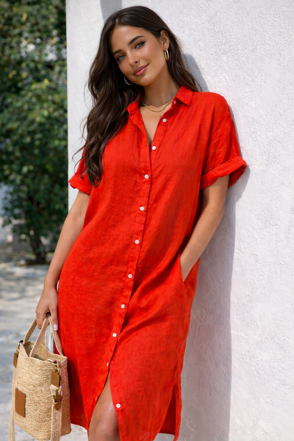 Vestito camicia da donna in cotone con bottoni frontali, vestibilità estiva comoda