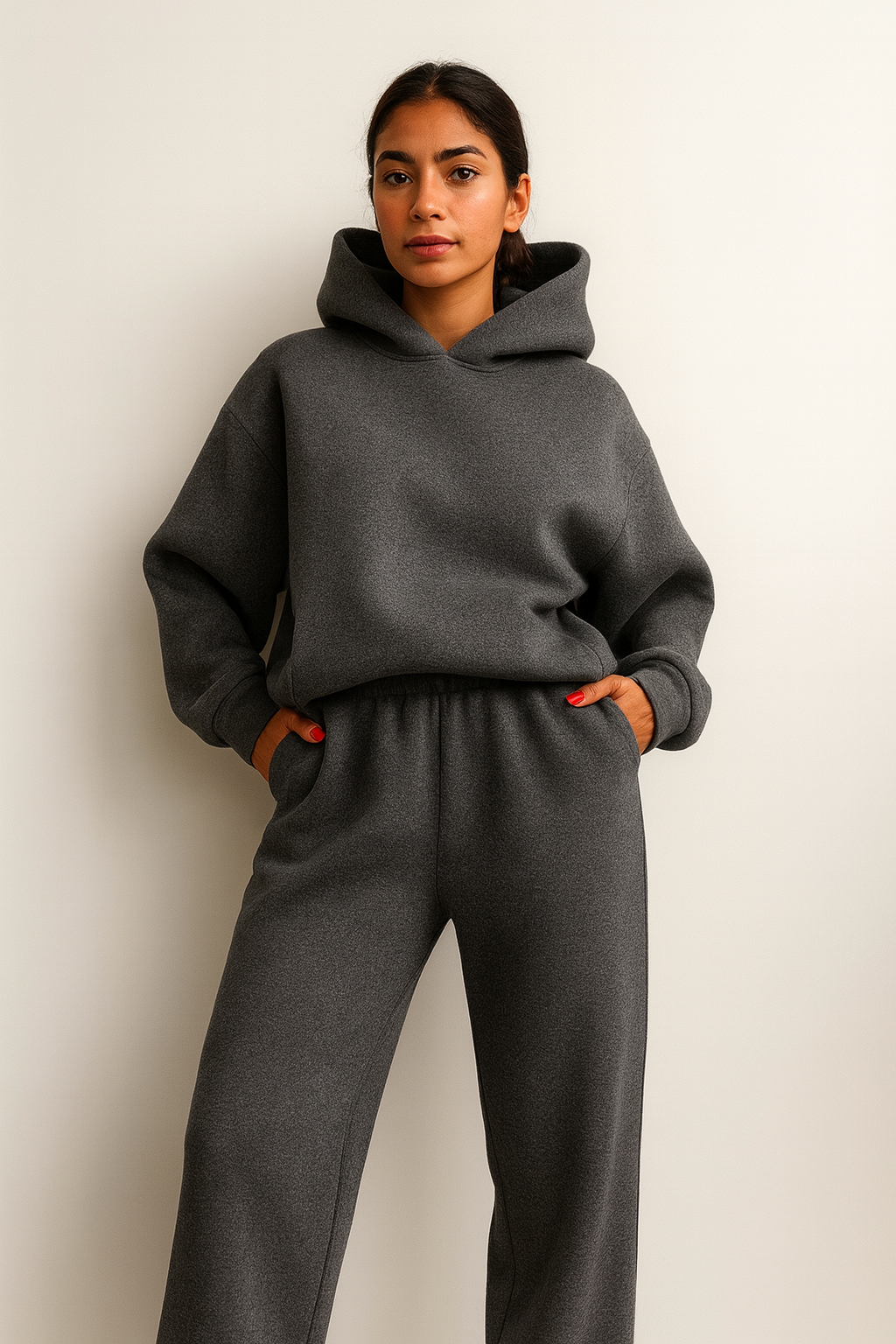 Conjunto de ropa cómoda para mujer con capucha y forro suave: ajuste relajado para otoño e invierno